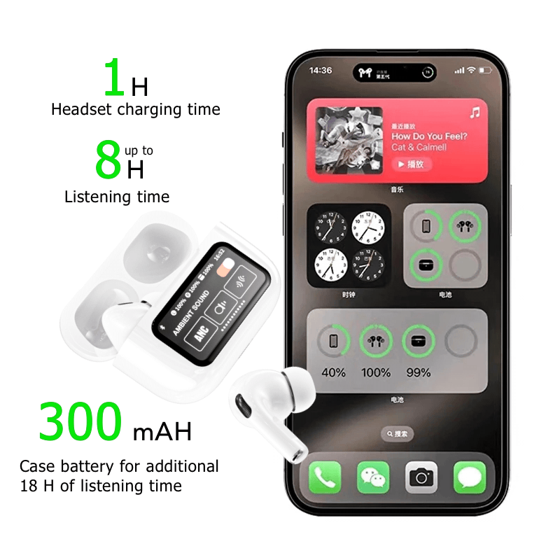 TouchPods S10 Pro ANC/ENC Kabellose Bluetooth-Ohrhörer, LCD-Touchscreen, Aktive Geräuschunterdrückung, Intelligenter KI-Übersetzer