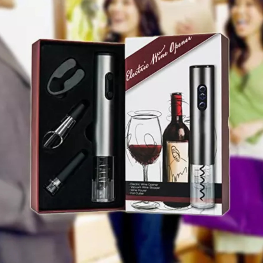 4 in 1-Set für Wein, elektrischer Öffner, Vakuumstopfen, Belüfter und Folienschneider.