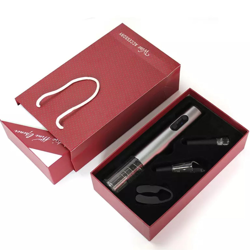 4 in 1-Set für Wein, elektrischer Öffner, Vakuumstopfen, Belüfter und Folienschneider.