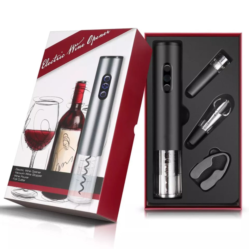 4 in 1-Set für Wein, elektrischer Öffner, Vakuumstopfen, Belüfter und Folienschneider.