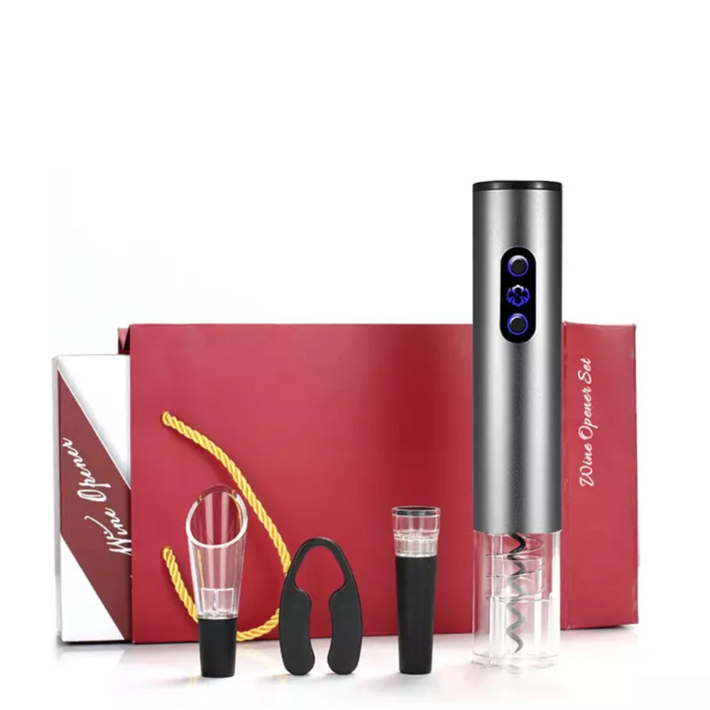 4 in 1-Set für Wein, elektrischer Öffner, Vakuumstopfen, Belüfter und Folienschneider.