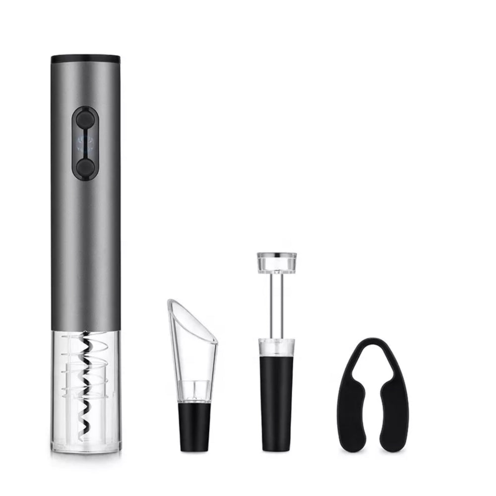 4 in 1-Set für Wein, elektrischer Öffner, Vakuumstopfen, Belüfter und Folienschneider.
