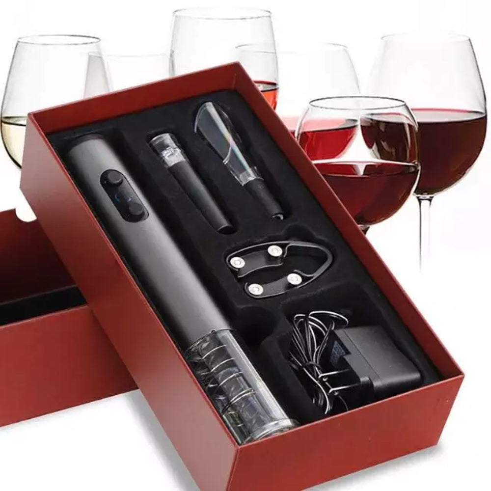 4 in 1-Set für Wein, elektrischer Öffner, Vakuumstopfen, Belüfter und Folienschneider.