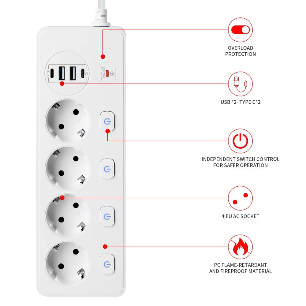 Steckdosenleiste mit Überspannungsschutz, Schalter, 4 x Schuko, 2 x USB-A, 2 x USB-C