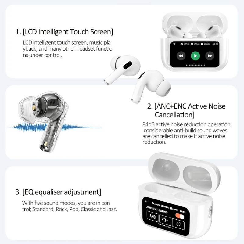 TouchPods S10 Pro ANC/ENC Kabellose Bluetooth-Ohrhörer, LCD-Touchscreen, Aktive Geräuschunterdrückung, Intelligenter KI-Übersetzer
